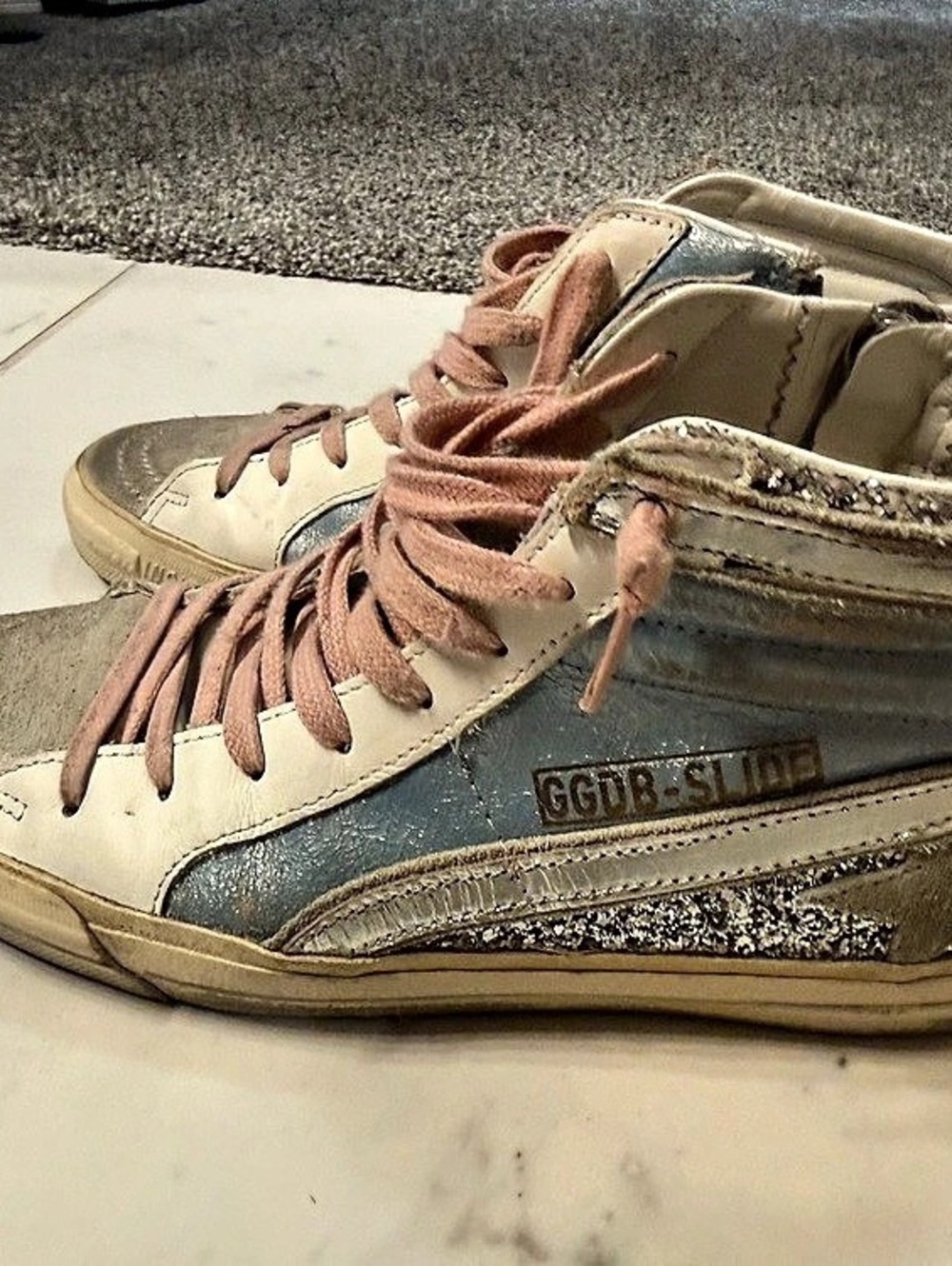 Golden Goose Slide High Top Sneakers Blue Glitter & Pink Star